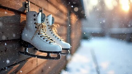White ice skates hanging on wooden wall in snow. Snowfall. - Powered by Adobe