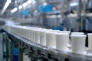White yogurt packages on a production line in a dairy farm.