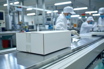 White box at automated production line at modern factory  people working in background