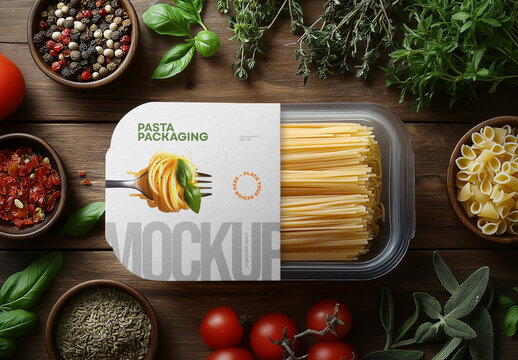 Pasta Packaging Mockup &ndash; Transparent Food Tray on Wooden Kitchen Table with Culinary Ingredients for Label Design Presentation