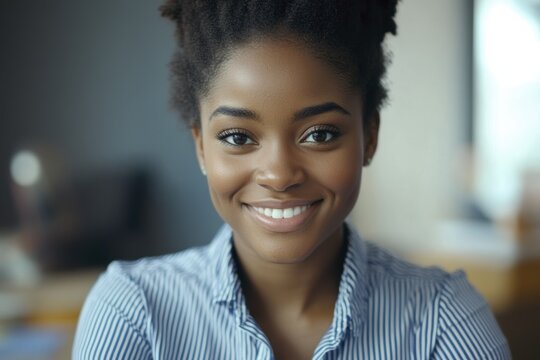 Confident smiling woman in striped shirt portrait in office setting