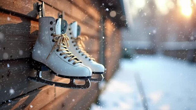 White ice skates hanging on wooden wall in snow. Snowfall.