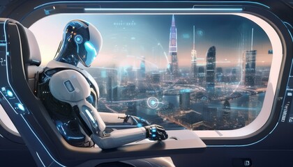Naklejka premium The Future is Now: A humanoid robot, sleek and futuristic, gazes out the window of a high-tech vehicle at the cityscape. The scene evokes a sense of anticipation and progress.