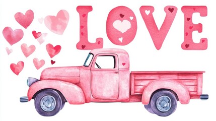 Pink Pickup Truck Hearts Love Valentine Watercolor Painting