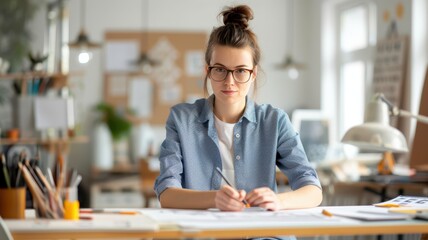 Fototapeta premium A focused young woman sits at a desk filled with art supplies, preparing to create in a bright, inspiring workspace.