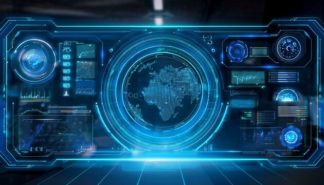 Global Network Interface: Futuristic holographic display showcasing a world map with intricate data visualizations.  A captivating image for technology, innovation, and global connectivity.