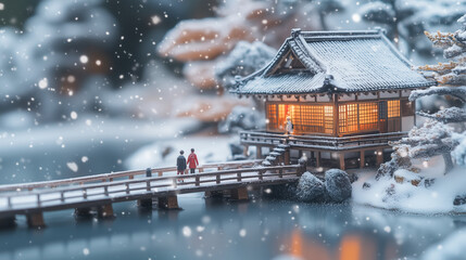 Naklejka premium Miniature Winter Wonderland - Snowy Shrine and People
