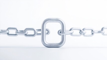 Obraz premium A close-up of a silver chain featuring an oversized link, symbolizing strength and connection against a minimalist white background.