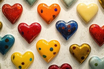 Obraz premium Colorful Glass Hearts Arranged On A White Background