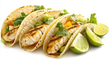 Fish Tacos: A set of fish tacos with grilled fish fillets, garnished with fresh vegetables and lime, placed against a plain white background. 