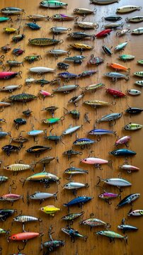 Diverse assortment of fishing lures displayed on wooden table for angling enthusiasts