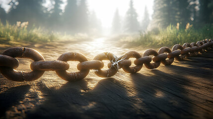 Broken rusty chain on a path towards sunlight in a forest.