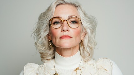 Confident mature woman with short blonde hair wearing glasses and a white turtleneck.
