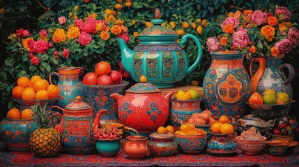 Vibrant still life of hand-painted pottery, fruit, and flowers.