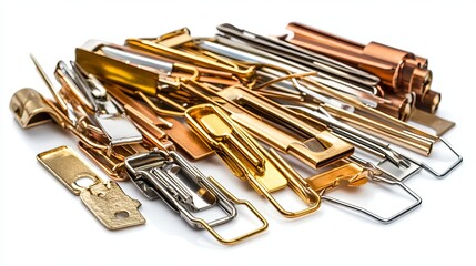Clips (Assorted Sizes): A variety of office clips, including jumbo and medium-sized clips, isolated on a white background