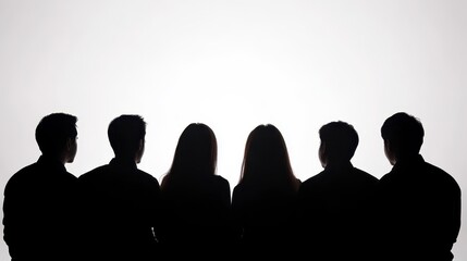 Silhouettes of five people standing together against a bright background, creating a sense of unity and intrigue.
