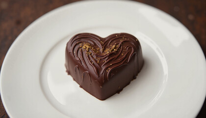 Decorative chocolate heart with gold accents on white plate