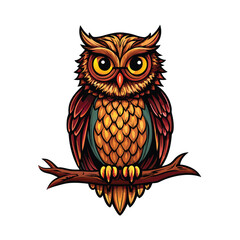 A wise old owl, meticulously detailed feathers, perched on a gnarled, textured branch, serene forest setting.