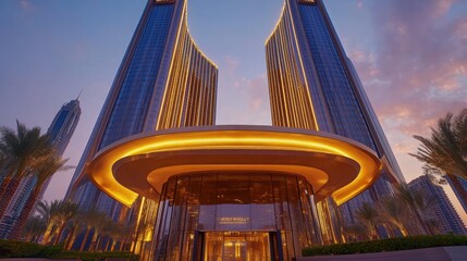 A modern architectural entrance with illuminated towers at sunset.