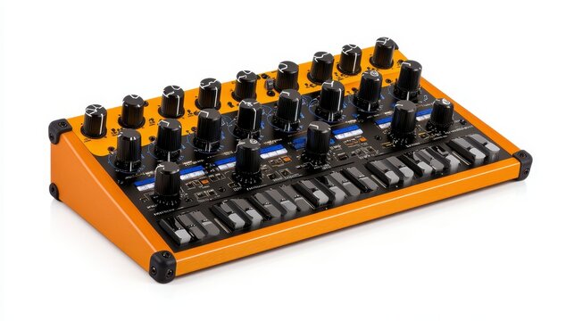 A vibrant orange audio mixer with multiple knobs and sliders, designed for sound manipulation and control in music production.