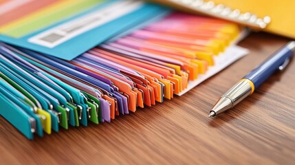 Fototapeta premium Colorful File Folders and Pen on Wooden Desk with Stationery Supplies in Office