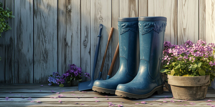 Gardening utensils, watering can, rubber boots and green plants and flowers on wet wooden terrace on a spring or summer day - Powered by Adobe