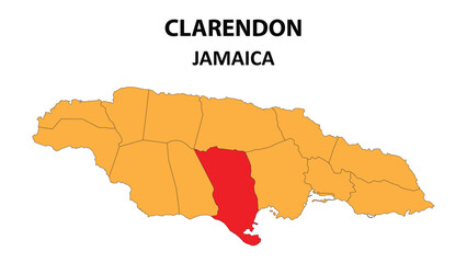 Obraz premium Clarendon Map is highlighted on the Jamaica map with detailed state and region outlines.