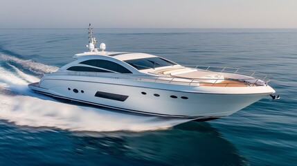 A sleek motor yacht glides through clear blue waters, showcasing modern design and luxury on a serene day.