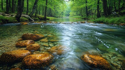 A calm stream flows through a lush forest, with clear water reflecting greenery. Smooth stones are visible under water, creating a peaceful natural scene.