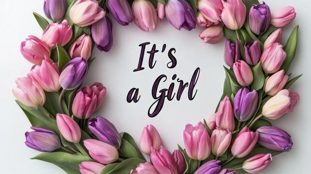 Pink and purple tulips arranged in a heart shape, announcing "It's a Girl". - Powered by Adobe