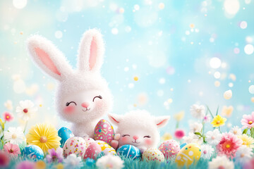 A playful bunny and cheerful lamb enjoy hide and seek among bright flowers and colorful eggs in the meadow