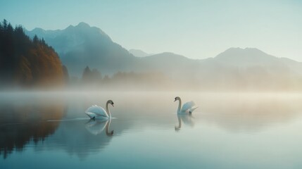 Naklejka premium Two Swans Gracefully Swim on Misty Lake Mountainscape