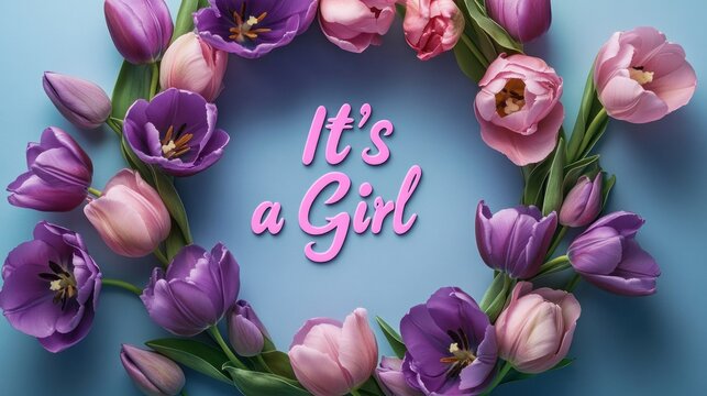 Pink and purple tulips & peonies arranged in a circle on a blue background, with "It's a Girl" text in the center. - Powered by Adobe