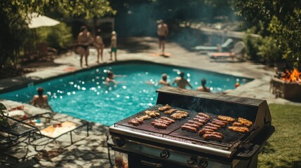 Poolside summer BBQ with friends grilling sausages.