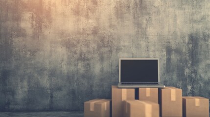 A laptop sits atop a pile of brown packages in a spacious warehouse, showcasing a blend of technology and logistics