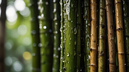 Rain Drops on Green and Brown Bamboo Stalks