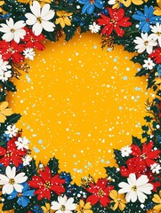 Vibrant Christmas Wreath Frame with Colorful Flowers and Snowflakes on Bright Yellow Background for Holiday Decorations and Art Projects