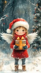 child in the snow Christmas Angel with Gift in a Snowy Forest