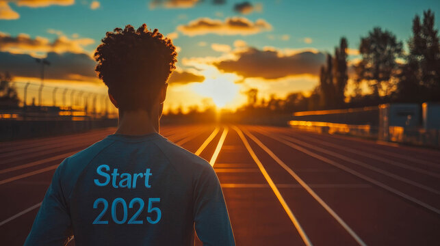 A man standing with his back to the camera on a treadmill at sunset. The words "Start 2025" are visible on his T-shirt back. A sense of hope, a new beginning and a longing for the future.