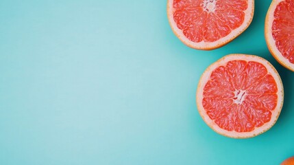 Three pink grapefruit halves displayed on a clean, minimalist table, emphasizing freshness and color against a turquoise backdrop