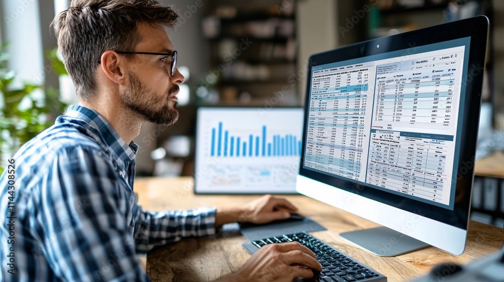 Poster Man using tax software on a computer at home to calculate deductions and file online Stock Photo with side copy space