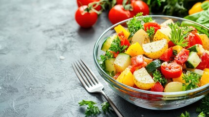 Fresh Colorful Vegetable Salad in Glass Bowl with Tomatoes and Greens on Dark Table