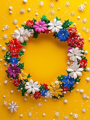 Colorful Floral Christmas Wreath on Vibrant Yellow Background, Perfect for Holiday Decorations and Seasonal Celebrations, Striking Festive Artwork Featuring Beautiful Flowers