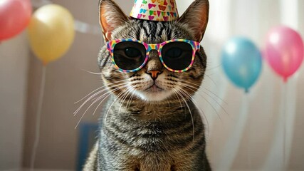 Cute cat wearing colorful sunglasses and a party hat celebrates a special occasion with balloons in the background