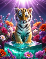 a cute real tiger cub appearing in the ocean, surrounded by flowers of all colors, sun rays and...