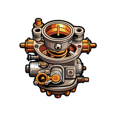 Generate a photorealistic render of a highly detailed metallic carburetor, showcasing intricate internal components and polished surfaces.  Focus on realistic textures and reflections.