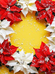 Festive Christmas Wreath with Red and White Poinsettias on a Bright Yellow Background, Perfect for Holiday Decorations and Seasonal Celebrations