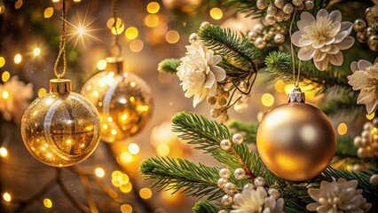 Christmas Double Exposure: Golden Ornaments & White Flowers on Festive Tree