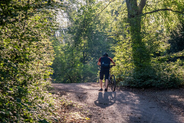 Obraz premium A day in forest. Cross biker struggling in woods.