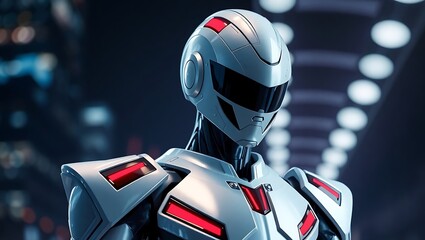 Fototapeta premium Futuristic robotic figure with a sleek helmet and red accents.